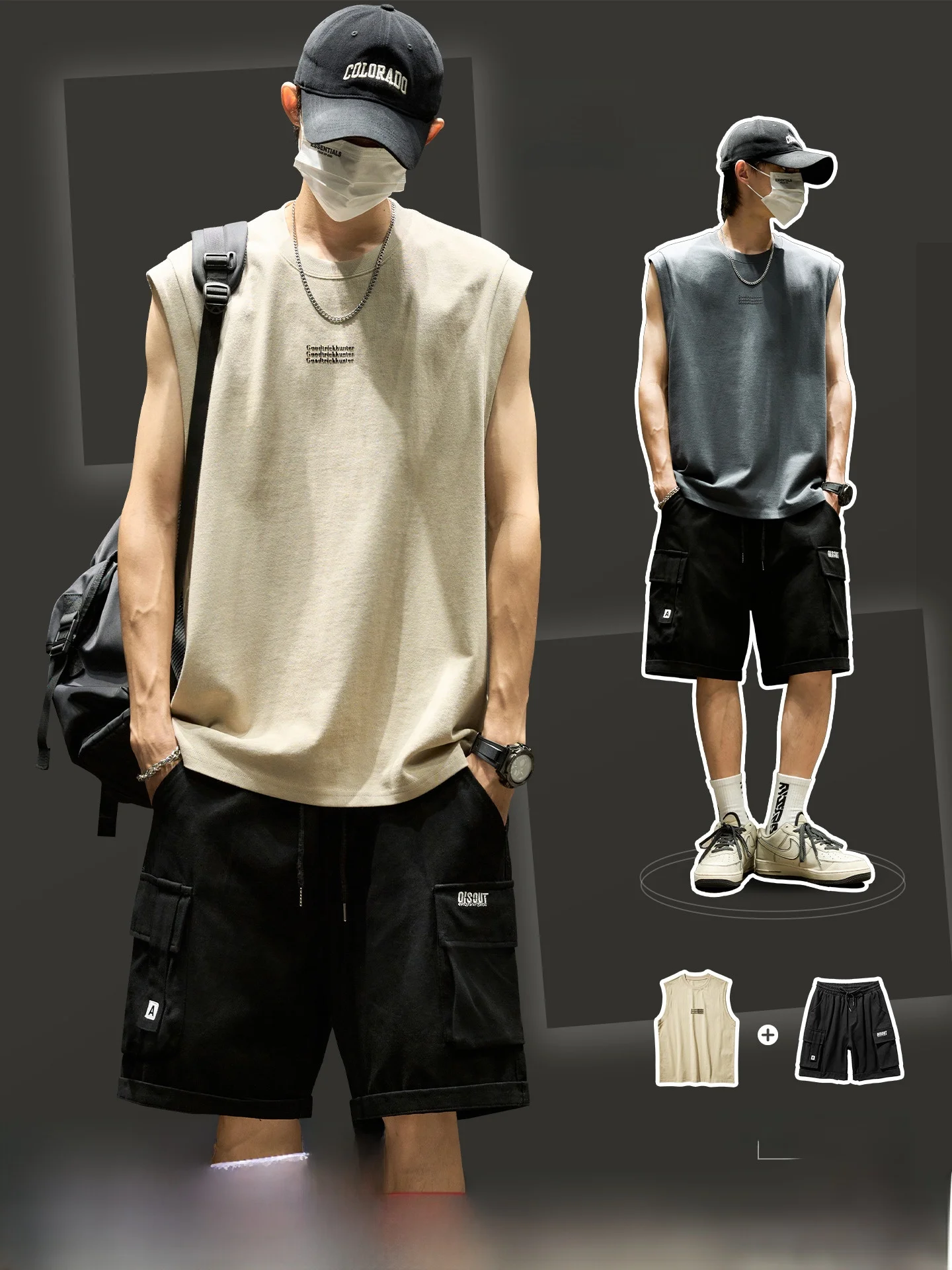 

Мужской летний повседневный спортивный костюм American Sle, простой дизайн, жилет с подплечниками и рабочей одеждой, хлопок 00% без све