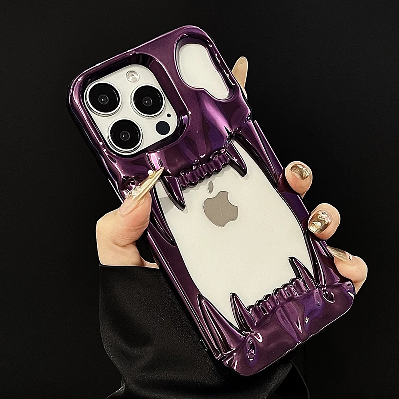 

Luxury 3D Tiger Tooth Hollow Dissipate Heat Phone Case For iPhone 16 15 14 13 12 11 Pro Max 16e 16 Plus Metal Purple Soft Cover