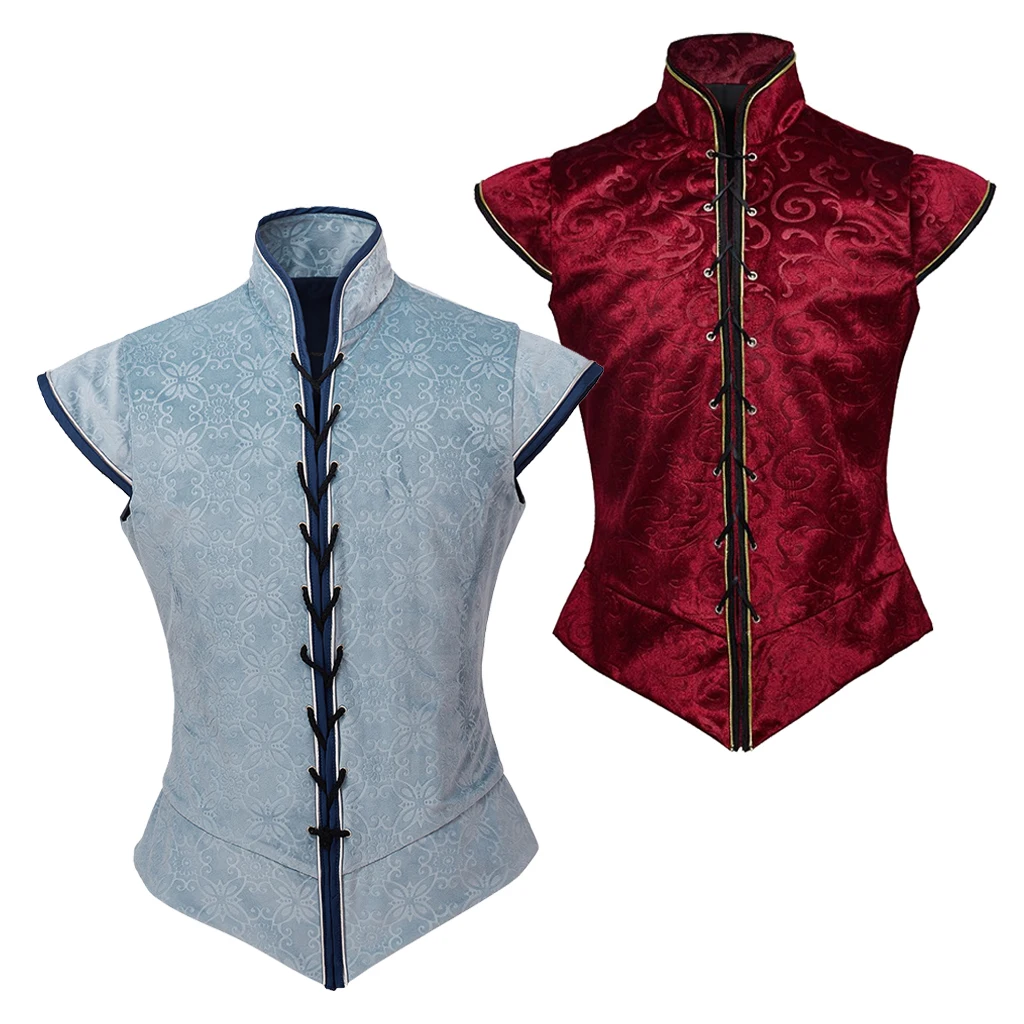 Vintage Viktorianische Kolonial-Jerkin-Weste aus Blauem/Rotem Samt, Tudor-Renaissance-Kostüm, Halloween-Kostüme für Männer