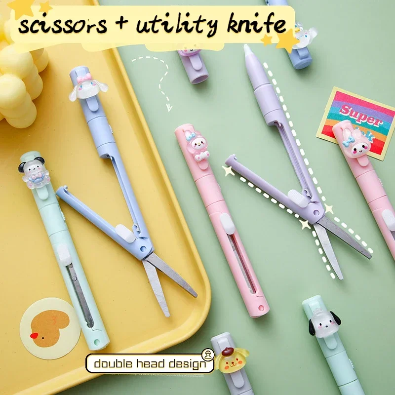 2 In 1 Cute Multifunctional Scissors Mini Portable Hand Ledger Utility Knife Office School DIY Art Supplies Paper Cutting Tools