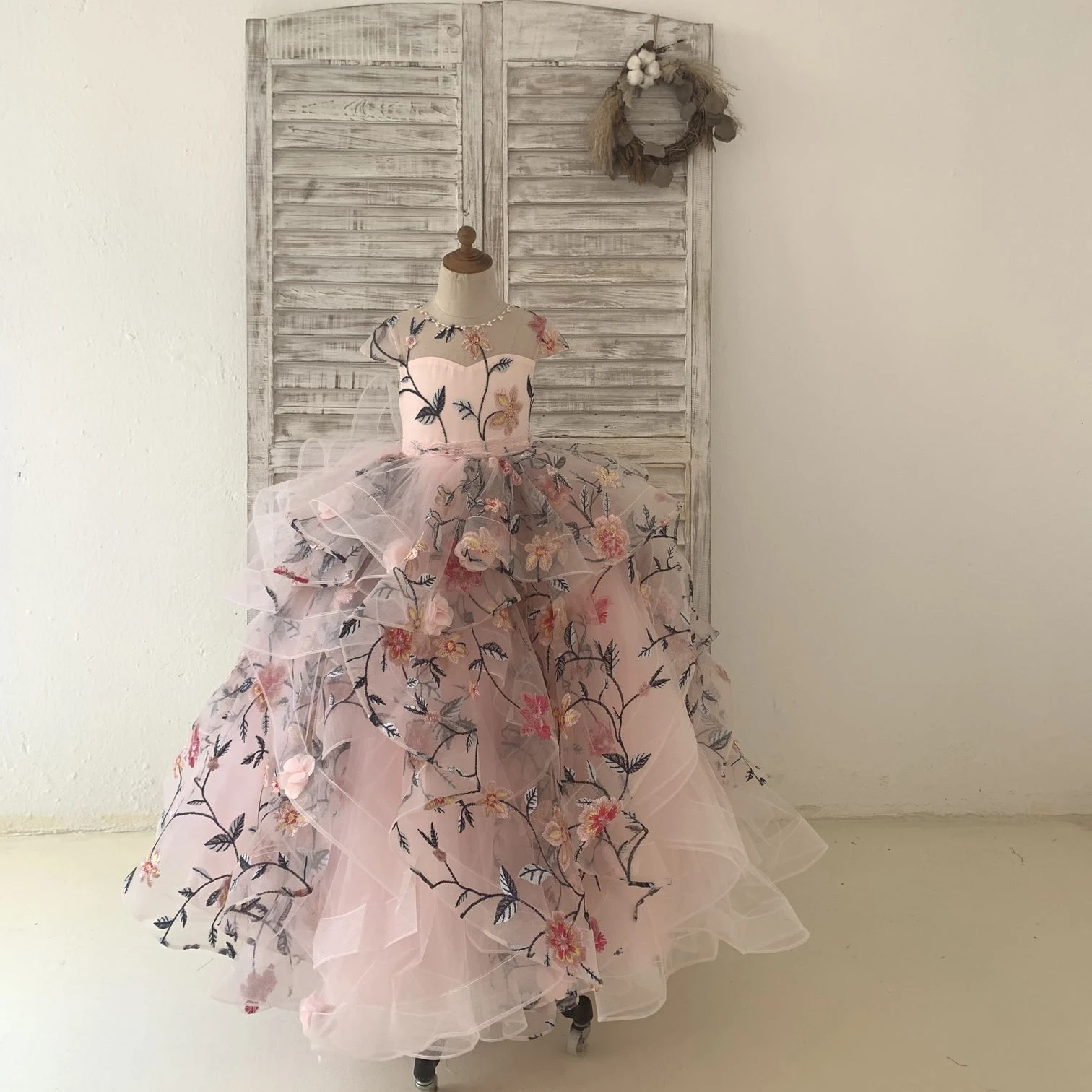 Embroidery Lace Pink Tulle Wedding Flower Girl Dress Kids Birthday Party Dress with Horsehair Hem