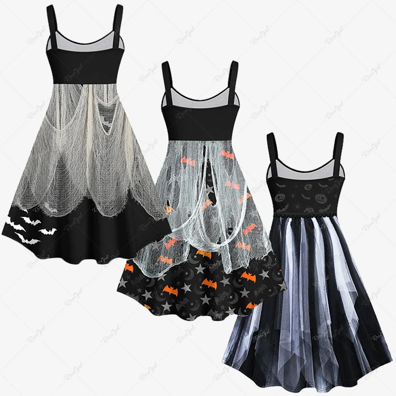 Autumn New Plus Size Women's Halloween Bat Moon Star Pumpkin Spider Mesh Ripped Gauze 3D Printed Backless Suspenders Tank Dress