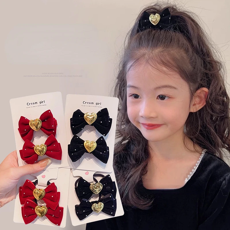 2 Pack Velvet Bow New Children\'s Autumn/Winter Christmas Hair Clip New Year Hair Tie New Year Headwear for Girls Accessories