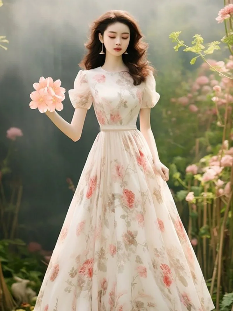 새로운 고급스러운 파티 드레스 여성 슬림 웨이스트 반팔 O넥 플로럴 A라인 패션 롱 드레스 오피스룩 베스티도스