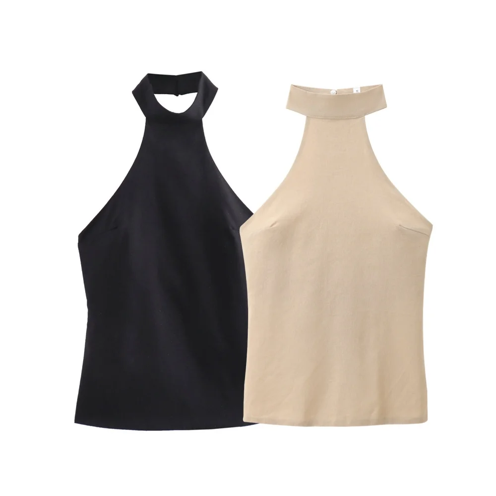 

solid color neck slimming top with buttons sleeveless backless buckle decoration summer new women's sexy vest suspender