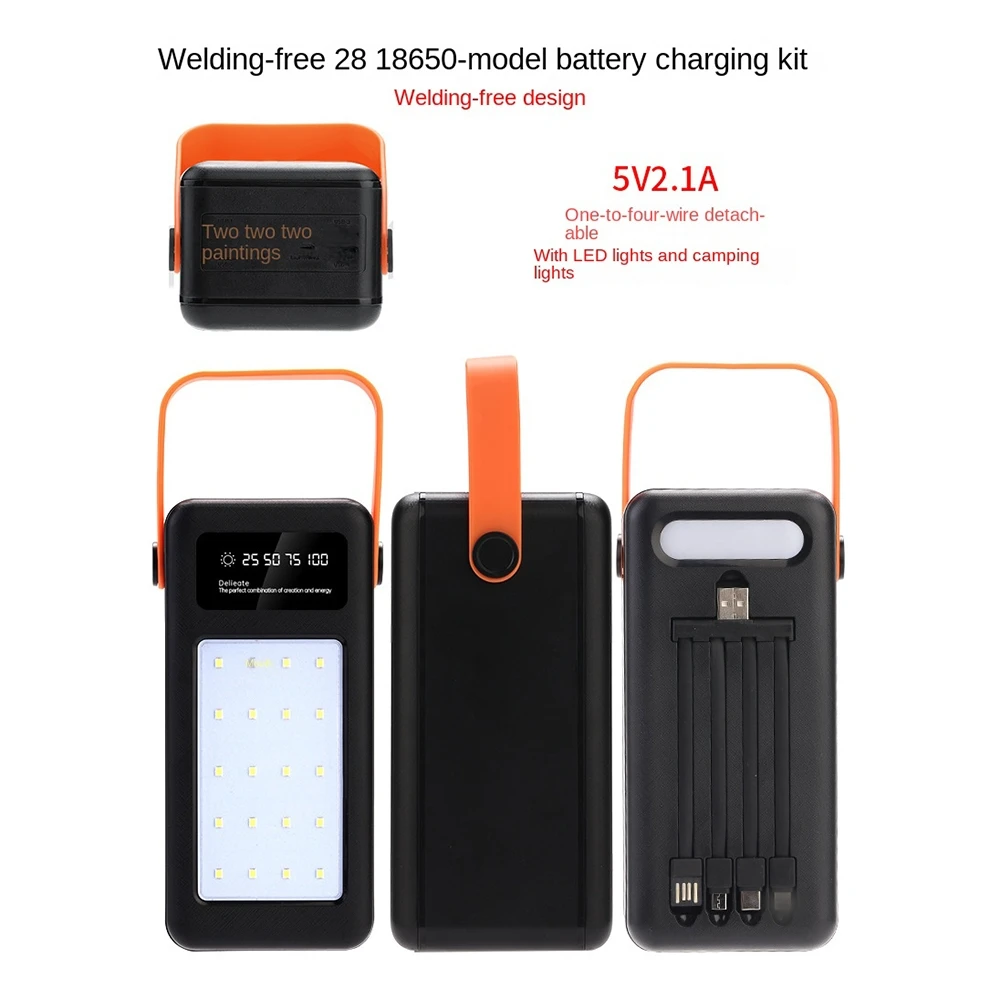 10W 22.5W 28x18650 Power Bank Case with Type C Fast Charging Cable DIY Solderless Mobile Power Bank Case with Flashlight