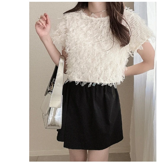 

Новое летнее поступление, цветная футболка с кисточками и кружевом ort Sve, женская повседневная футболка с круглым вырезом Ne, полиэстер стандартной длины 00%