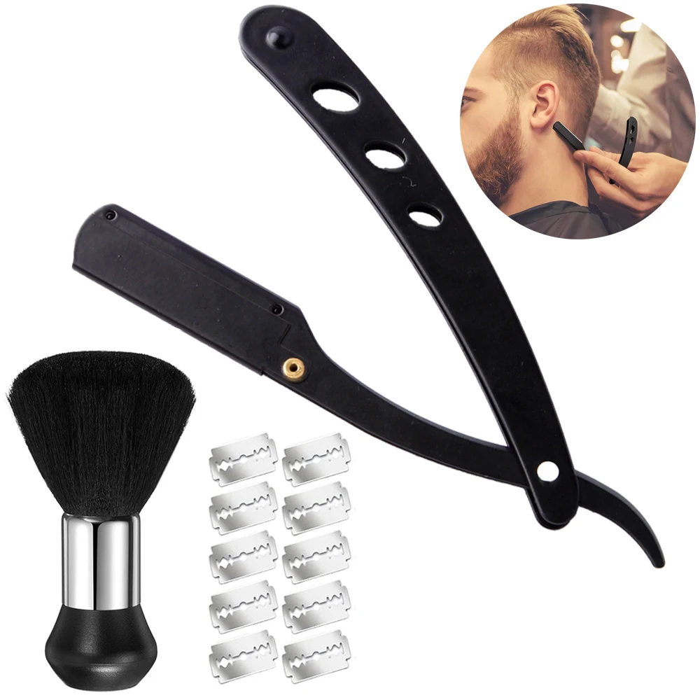 Barber Trimmer for Man Stainless Steel Manual Shaver Neck Duster Brush 10 Pieces Shaving Blades Kit Barber Hairdressing Tool