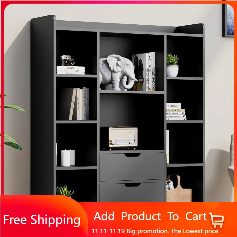 Bookshelf, 4-Tier Open Shelf Bookcase with 2 Drawers and 10 Cubes, Wood Cube Storage Organizer Shelf , 39.4" W X 47.2" H