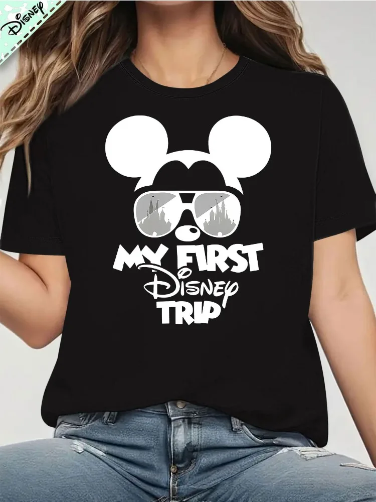 Camiseta de manga corta con estampado de Mickey Mouse My Disney Journey para mujer, diseño de gafas a la moda, Top informal, ropa para fanáticos de Disney