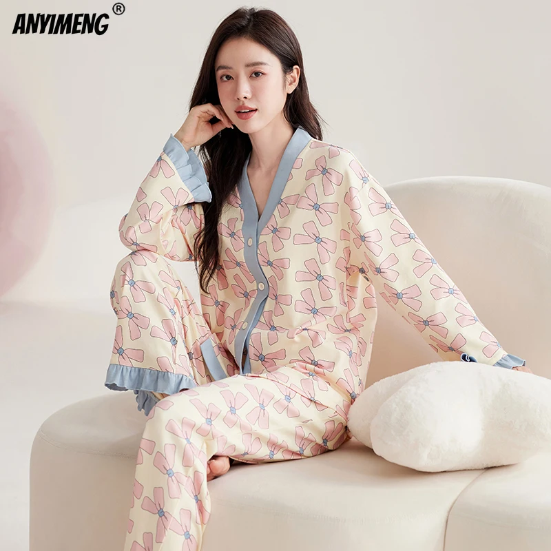 Candy Printing Women Pajamas Set Autumn Winter Faux Cotton Kimono V-neck Woman Sleepwear Leisure Homesuit Girl Cartoon Nightwear