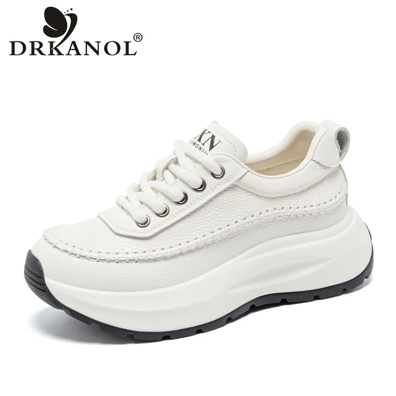 

DRKANOL 2026 Fashion Women Casual Sneakers Solid Color Genuine Cow Leather Chunky Platform Height Increasing Thick Sole Shoes