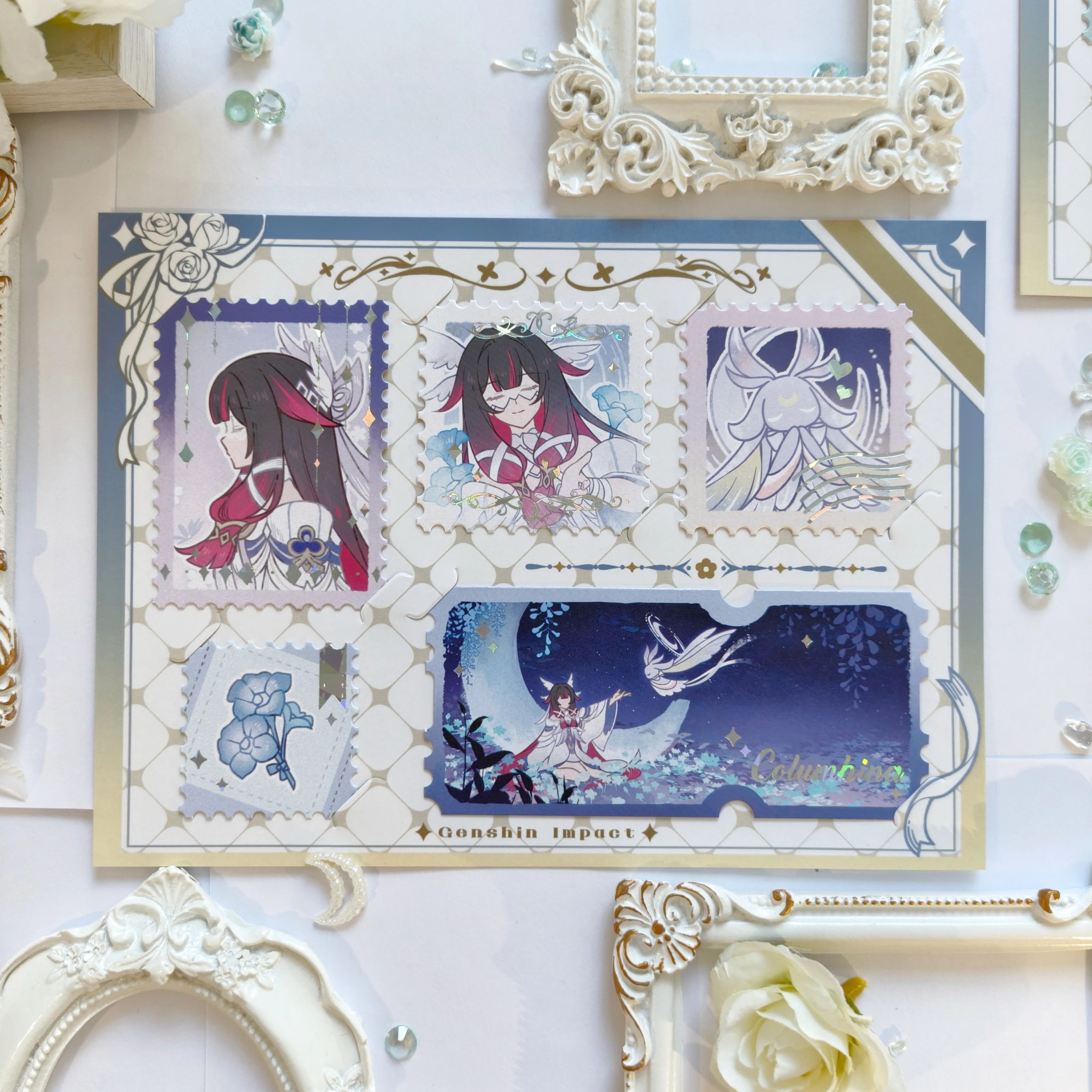 

Anime Genshin Impact Cosplay Furina Zhongli Yae Miko Raiden Shogun Series Commemorative Hot Stamping Stamp Set Collection Fans