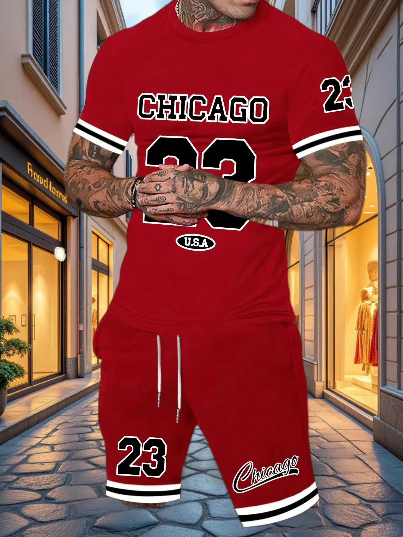 

Новый летний комплект мужской футболки Trendy Men's Street No. 23, мужской комплект с круглым вырезом и принтом, модный красивый спортивный комплект из двух предметов