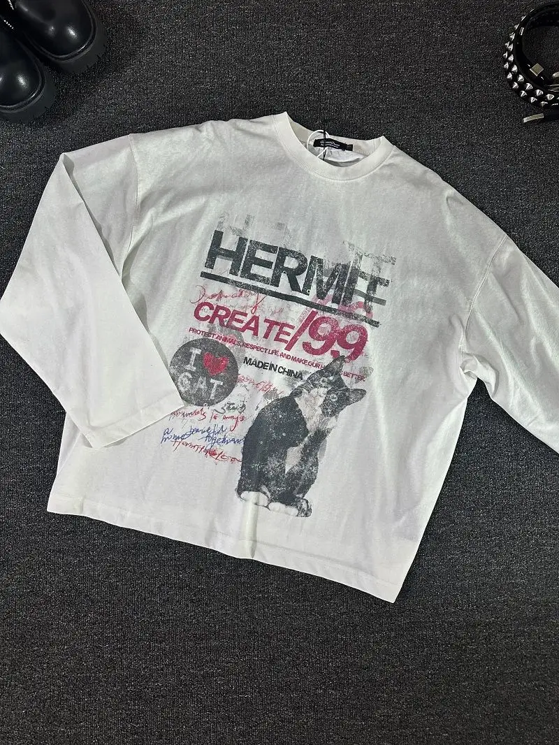 الشارع الشهير تي شيرت Y2K القط رسالة الرجعية الجرافيك طباعة المتضخم التي شيرت رجل إمرأة جولة الرقبة قميص قطني بكم طويل بلايز الخريف #6