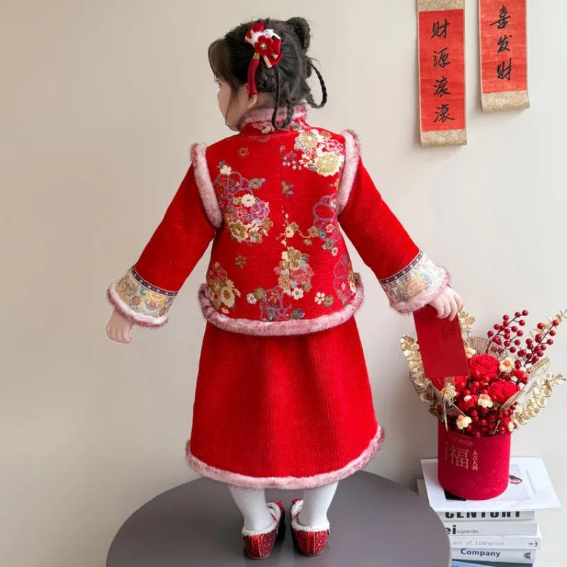 Girls Hanfu Outfit Winter Children Tangsuit Traditional Chinese New Year Customes Kids Thicken Warm Coat+Skirt 2 Pieces Suits
