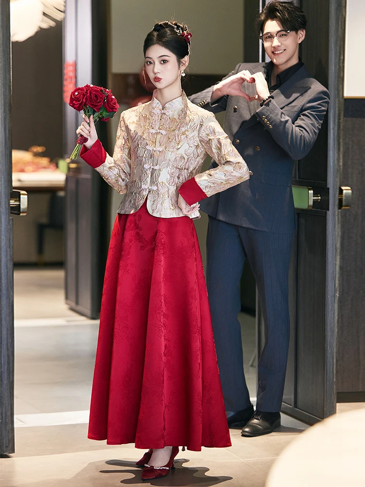 

New Chinese Sle Wedding Dr Suit for Bride out of the Door Return Home Casual Wear Autumn Winter Seasonal Long Pearl Embe...