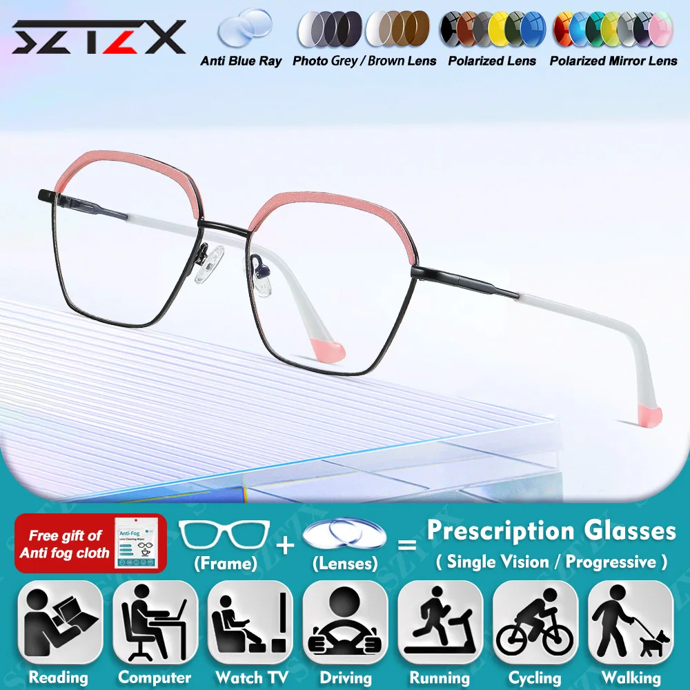 

SZTZX Trendy Polygonal Frame Myopia Hyperopia Prescription Glasses Women Classic Blue Light Blocking Progressive Reading Eyeware