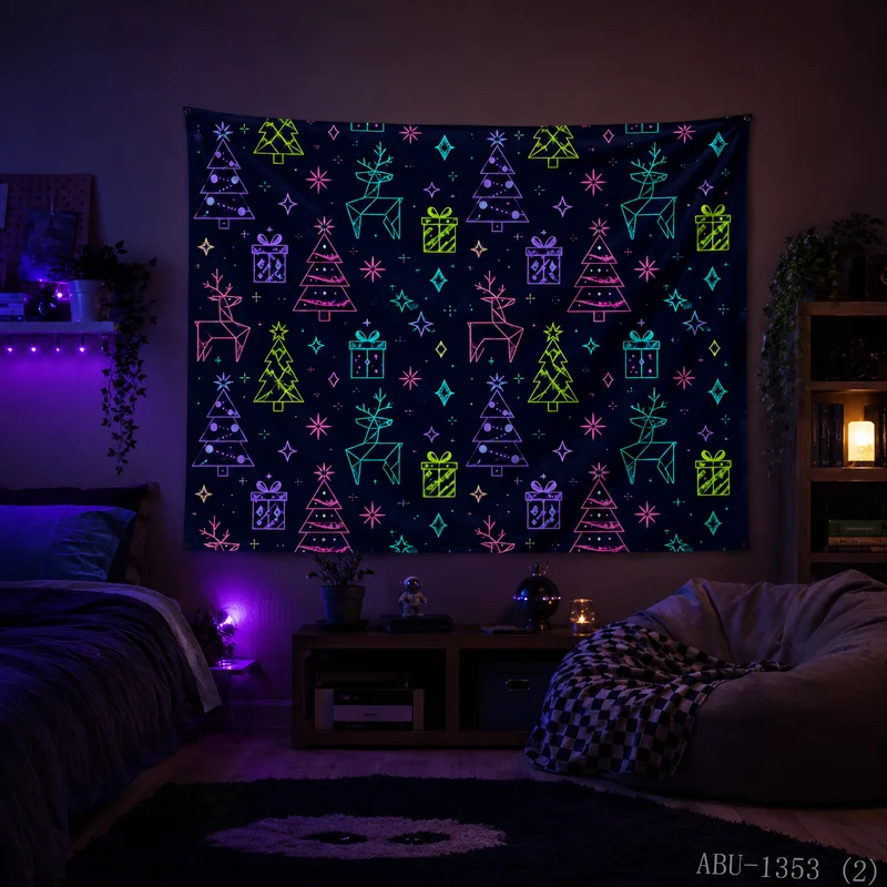 VIKAMA Simple Neon Christmas Tree Reindeer Gift Box Snowflake Christmas Tapestry Background Hanging Cloth Living Room Decor