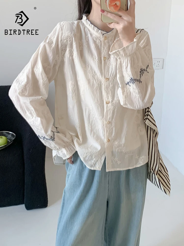 

New 2026 Summer Women Cotton Long Sleeve Shirt, Stand Embroidery, Mori Girl Fashion INS Design Sense Thin Loose Blouse T64324CC