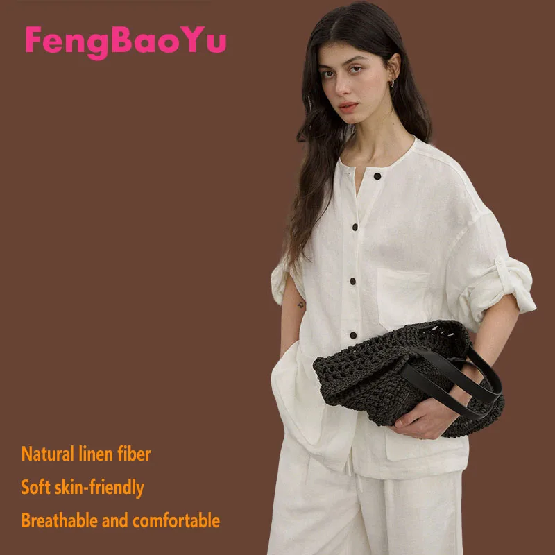 

Fengbaoyu 100% Linen Women's Shirt - Long Sleeve, Round Neck, Loose Fit - Suitable for Outdoor Activities Comfortable, Cool