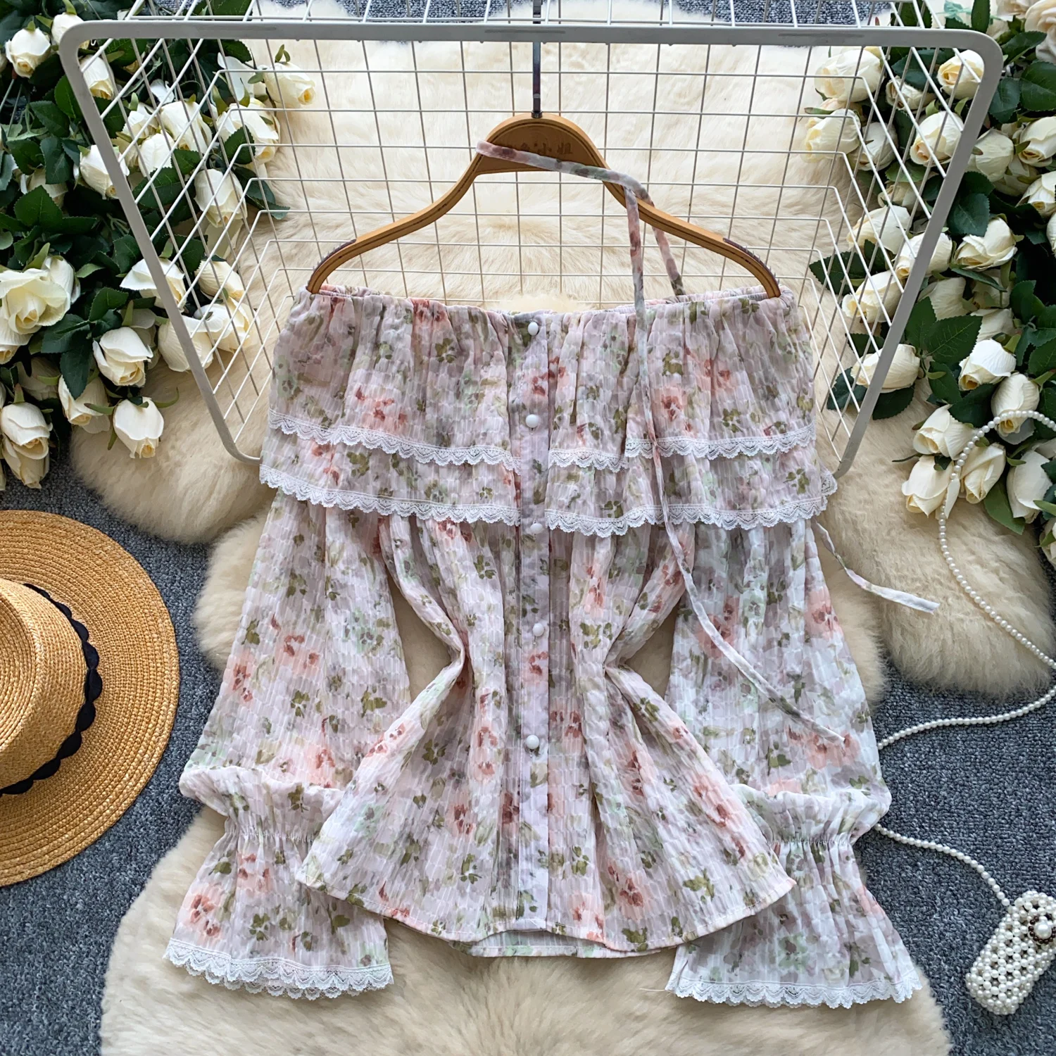 

Женская кружевная рубашка на одно плечо с рюшами и рукавами-трубой с цветочным принтом, осень 2022, сексуальные богемные топы с открытыми плечами