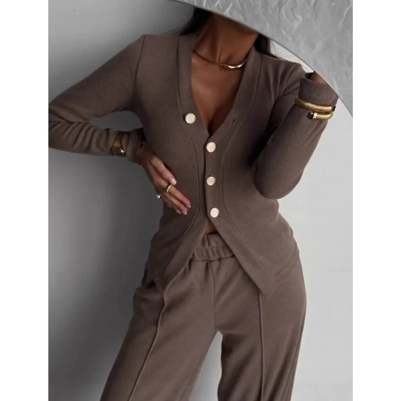 2025, casual trainingspaksets voor dames, metalen knopen, los vest, tops + rechte joggingbroek, effen mode, hardloopstraatoutfits