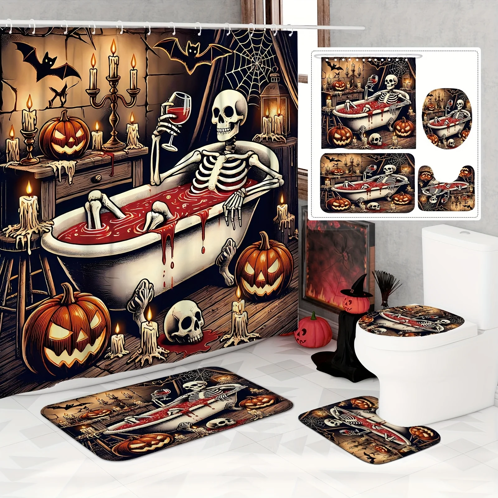 

Хэллоуин Череп Тыква Скелет Набор занавесок для душа с нескользящим ковриком и чехлом для унитаза, белый жуткий моющийся осенний декор