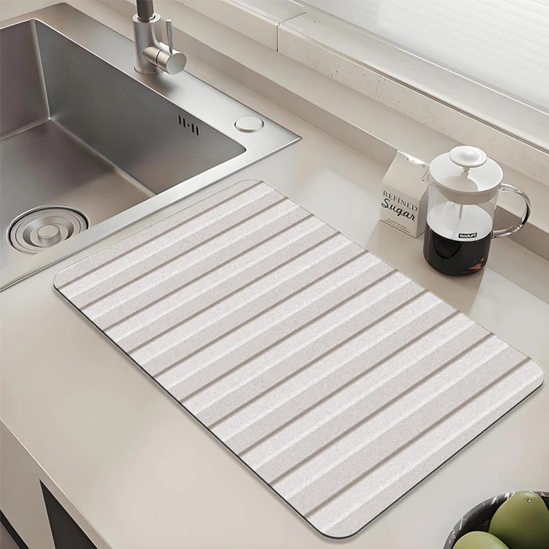 

Light Silver Striped Kitchen Drying Mat - Absorbent Non-Slip Quick Dry Pad for Sink Countertop