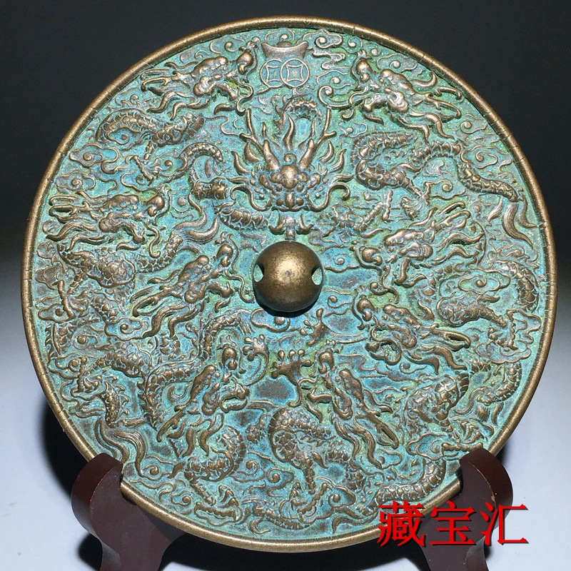 Pure copper, green rust, coated with paste, relief sculpture, Kowloon bronze mirror, rare decoration for old bronze mirrors