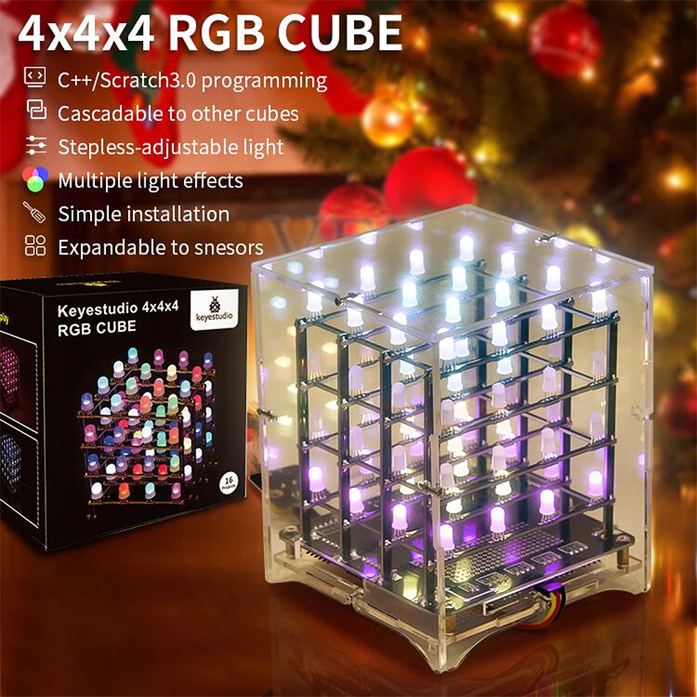 Keyestudio 4x4x4 DIY RGB LED Cube Electronic Kit For Arduino Leonardo Support Scratch Programming  Potentiometer Voice Control