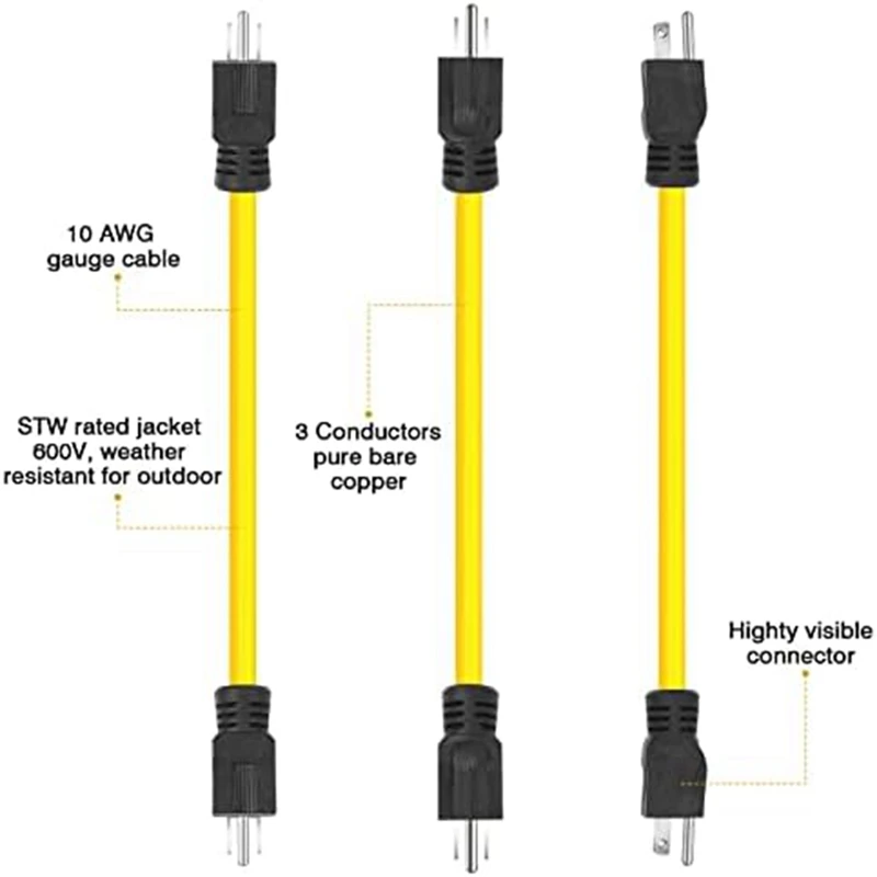 3 PCS 3 Prong Male To Male Extension Cord Yellow Plastic+Metal NEMA 5-15P For Transfer Switch,12AWG 125V (2FT) US Plug