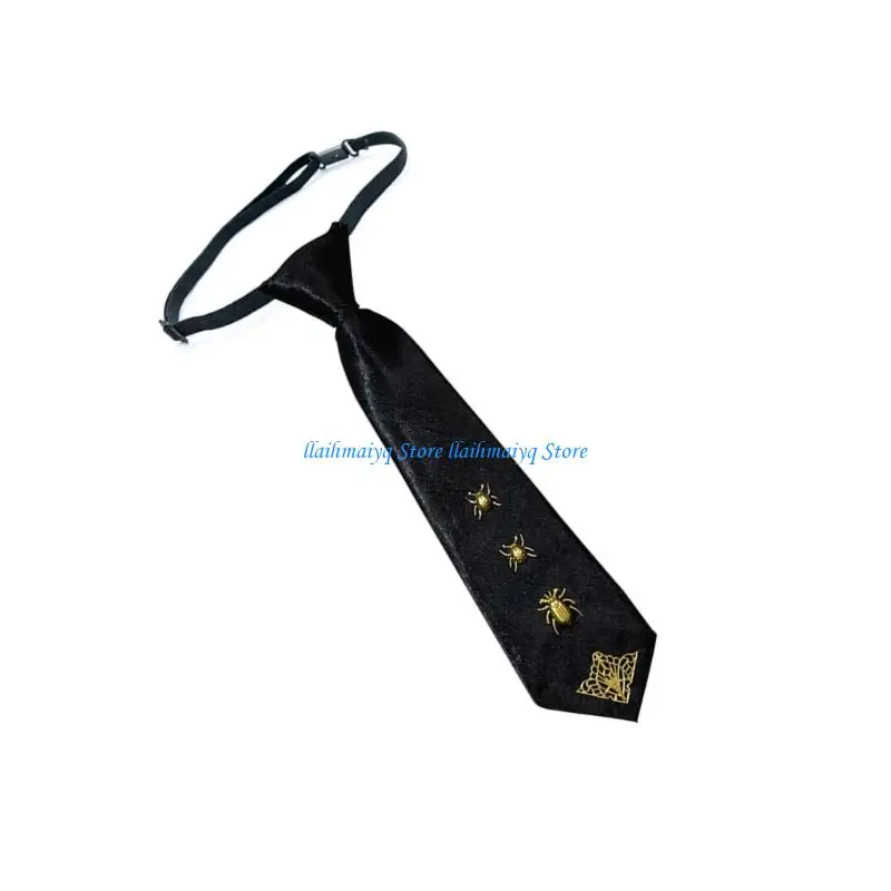 573B Stylish Punk Rock Necktie with Gold Insect Charm Pretied Party Tie Neckwear For Cosplay Event Gathering Dressingup
