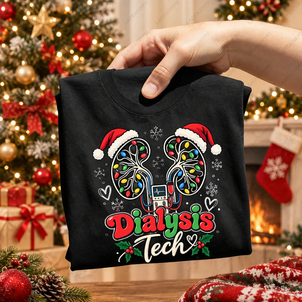 Dialysis Tech Christmas Light Kidney Nurse T-Shirt Xmas Holiday Healthcare Worker Appreciation Gift Women Festive Graphic Tee
