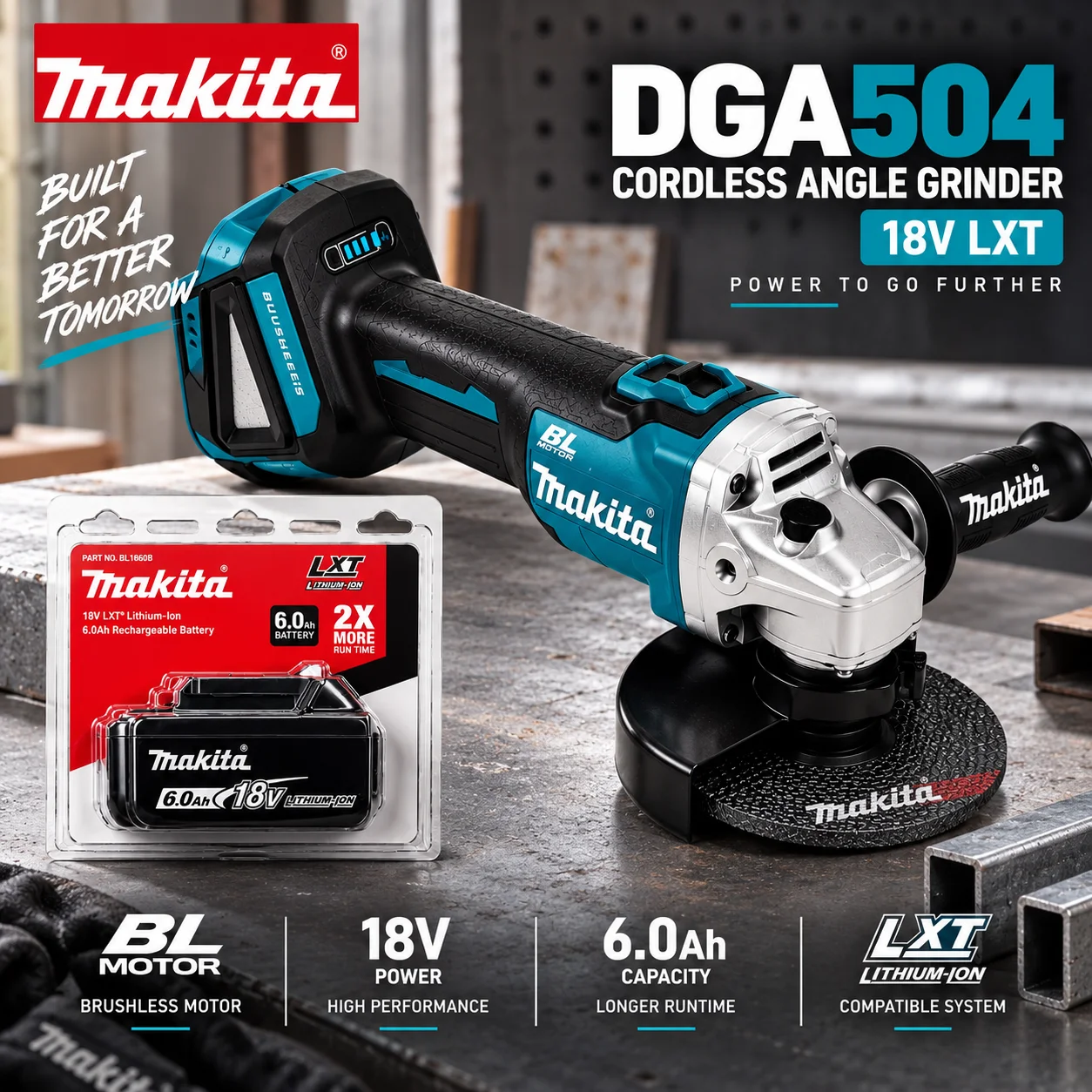 Für Makita DGA504 18V LXT Akku-Winkelschleifer, bürstenloser Motor, 6,0Ah Lithium-Akku, hohe Leistung zum Schneiden, Schleifen, Polieren, professionelles Elektrowerkzeug