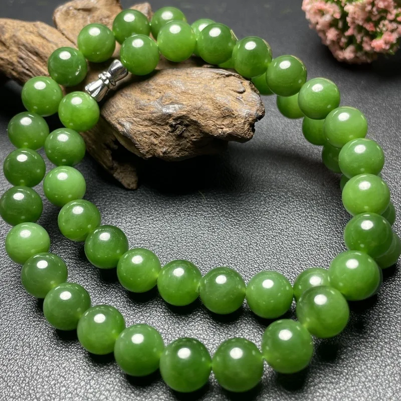 Natural Hetian Jade Russian Material Emerald Necklace Women With Round Beads In Spicy Green