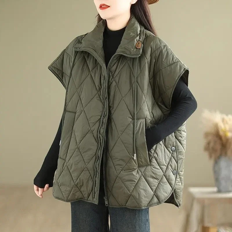 

New Autumn Winter Diamond Lattice Down Cotton Vest Jacket Women zipper Loose Waistcoat Coat Female Frivolous Causal Outerwear