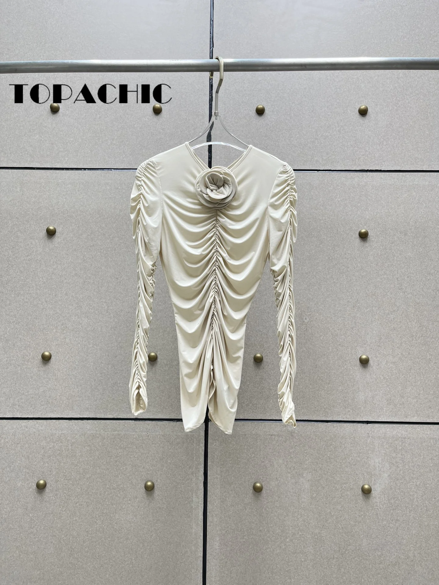 8.13 TOPACHIC Women 2024 Autumn New Ruched Flower Decoration Long Sleeve Blouse O-Neck Back Hook Buckle Stretch Slim Top