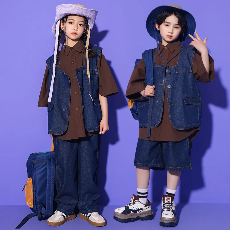 Kid Hip Hop Clothing Coffee Oversized Shirt Denim Vest Casual Wide Jeans Baggy Pants Shorts for Boys Girls Dance Costume Clothes