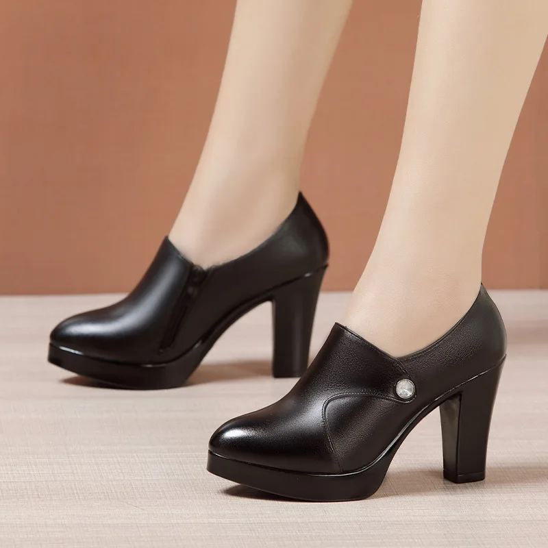 high quality leather shoe for women 9 cm high heel platform point toe 32 33 43 elegant and fashion 2024 autumn winter shoe black