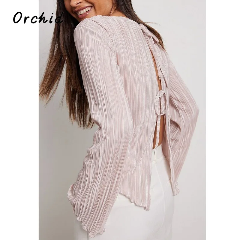 

2025 Summer Sweet Style Round Neck Pink Long Sleeve T-shirts Women's Elegant Causal Lace-up Striped Loose Fit Soft Tees Top