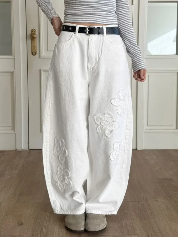 

Floral Embroidery Wide Leg Jeans Women Loose Casual Long Trousers Trendy Sweet Style Spring Fashion Ladies Denim Pants