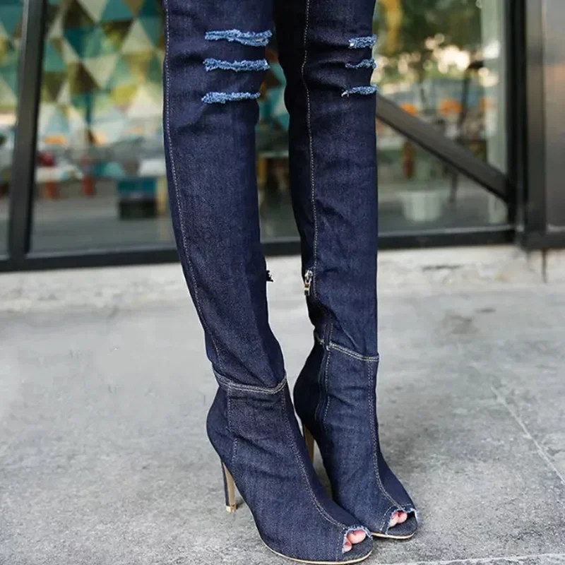 Women\'s Denim Thigh High Boots Stylish & Sexy Open Toe Stiletto Heels Ripped Boots