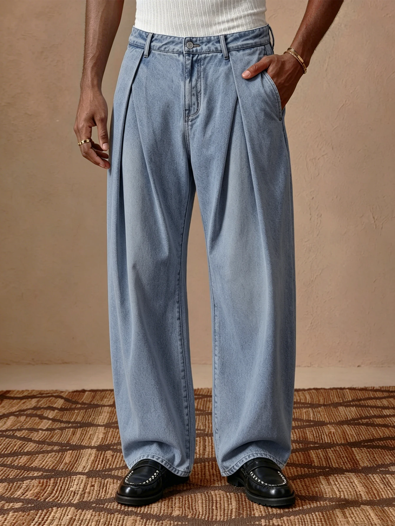 

Street Style Men High Waist Straight Pants, Woven Denim Look, Buttoned Pleated, Trendy Italian Fashion, Casual Daily Wear