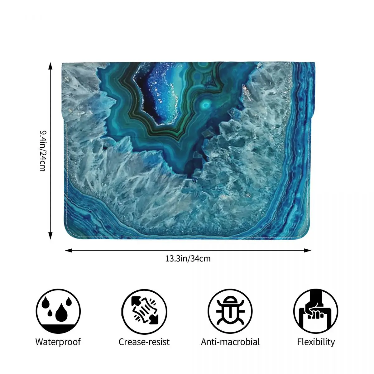 Teal Aqua Turquoise Blue Rock Agate Mineral Crystals PU Leather Horizontal Laptop Sleeve Shockproof Lining Notebook Case 13 Inch