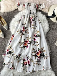 Summer Women's Irregular Slit Print Floral Long Dress One-way Neck Strapless Chest Wrap Short Sleeve Dresses LL006