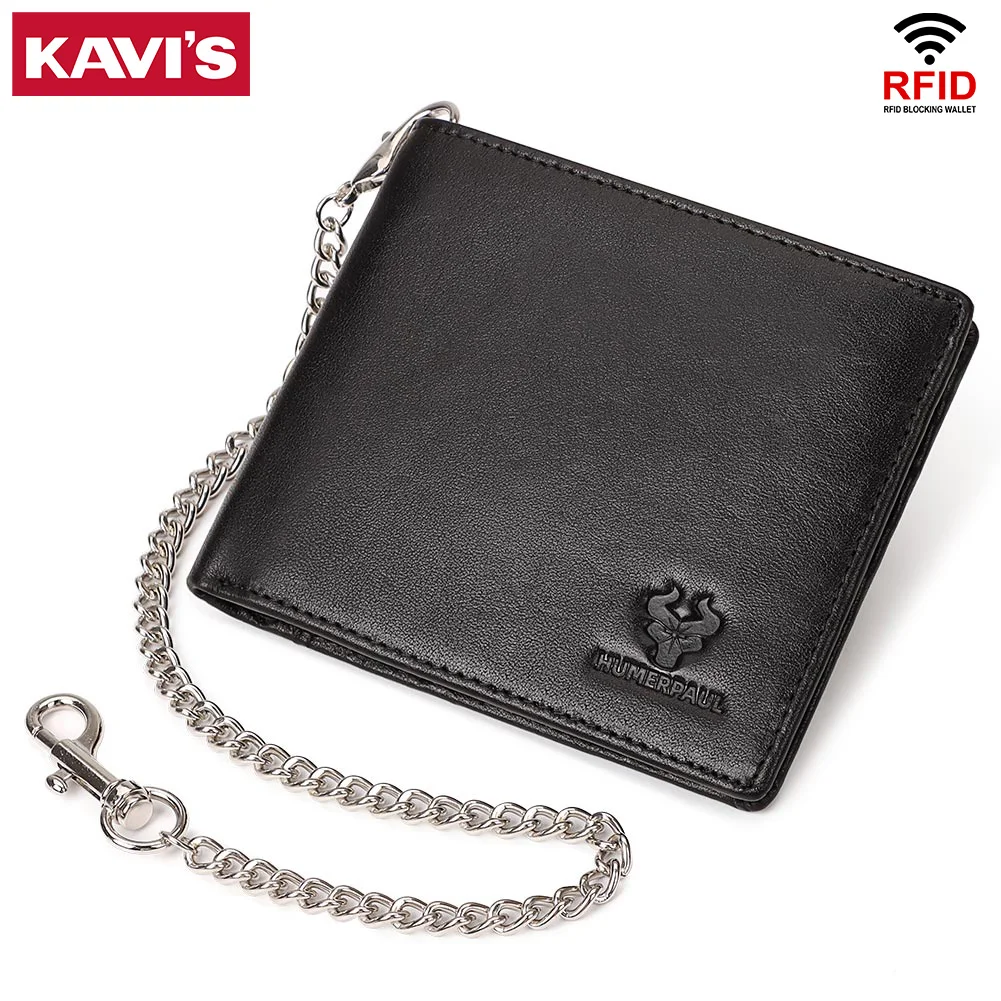 KAVIS 100% Genuine Leather Short Purse Business RFID Protect Credit Card Holder Clutch For Men With Anti-theft Chain Wallet