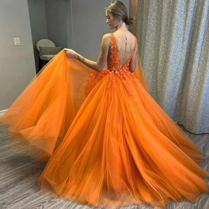 Orange Prom Dress For Girls 2024 Double V neck Sleeveless A Line Evening Party Dress Dresses Applique Formal 2024