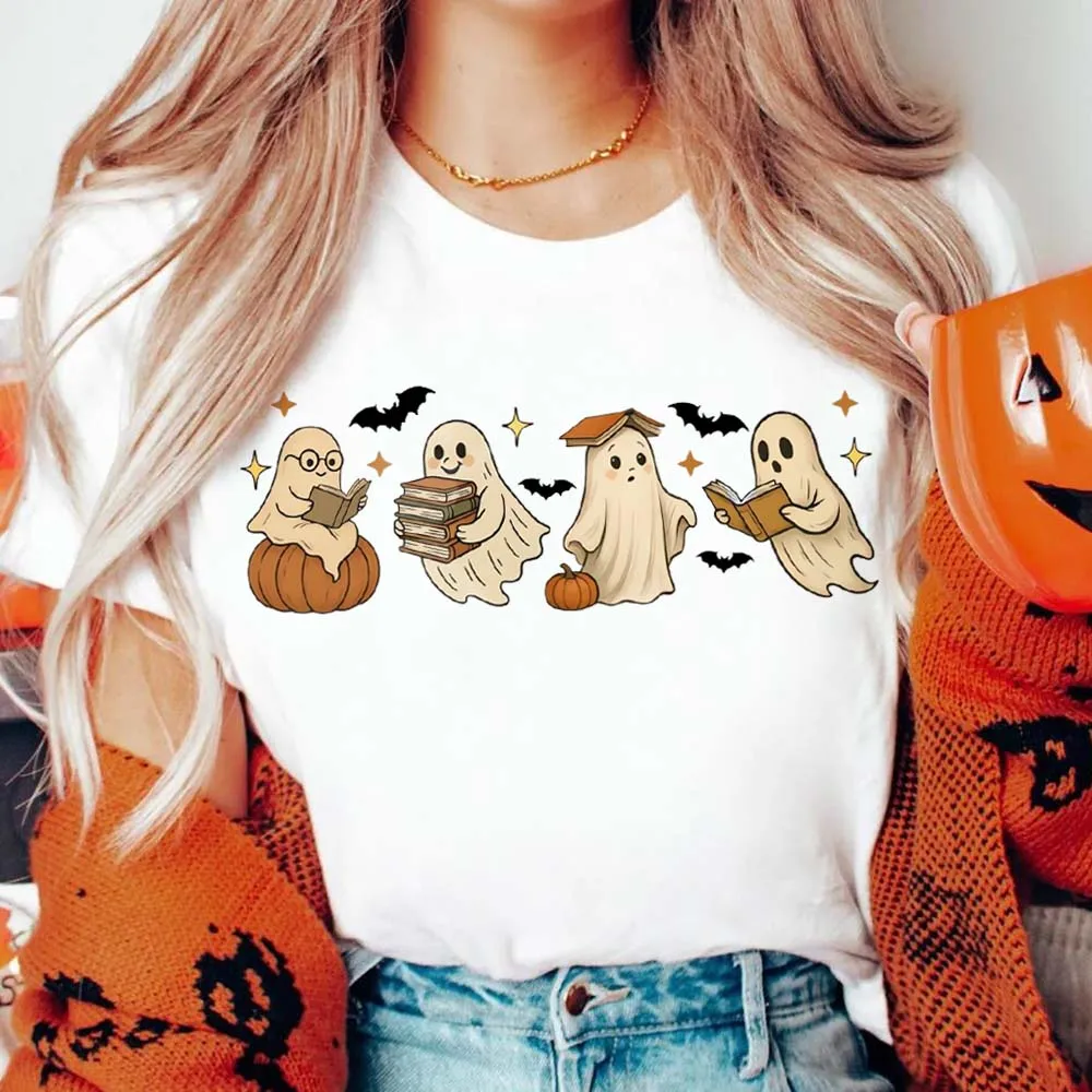 

Ghost Reading Cartoon Fun Women's T-Shirt Trendy Printed Halloween Pattern Basic Top Women's Cute Casual Street O-Neck T-Shirt