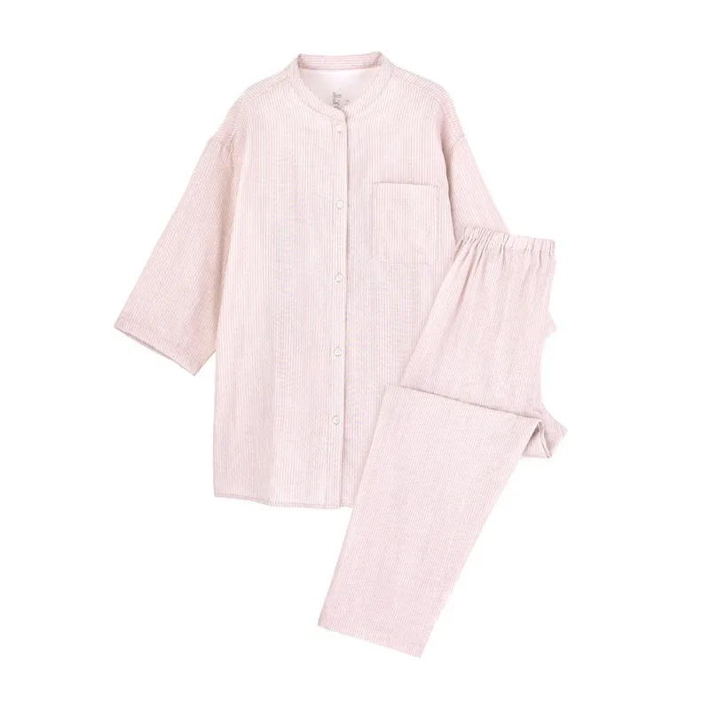 Summer Female Casual Simple Pajama Sets Girl 100% Cotton Sleepwear Suit Women Top Quality Short Sleeve Striped Home Clothes